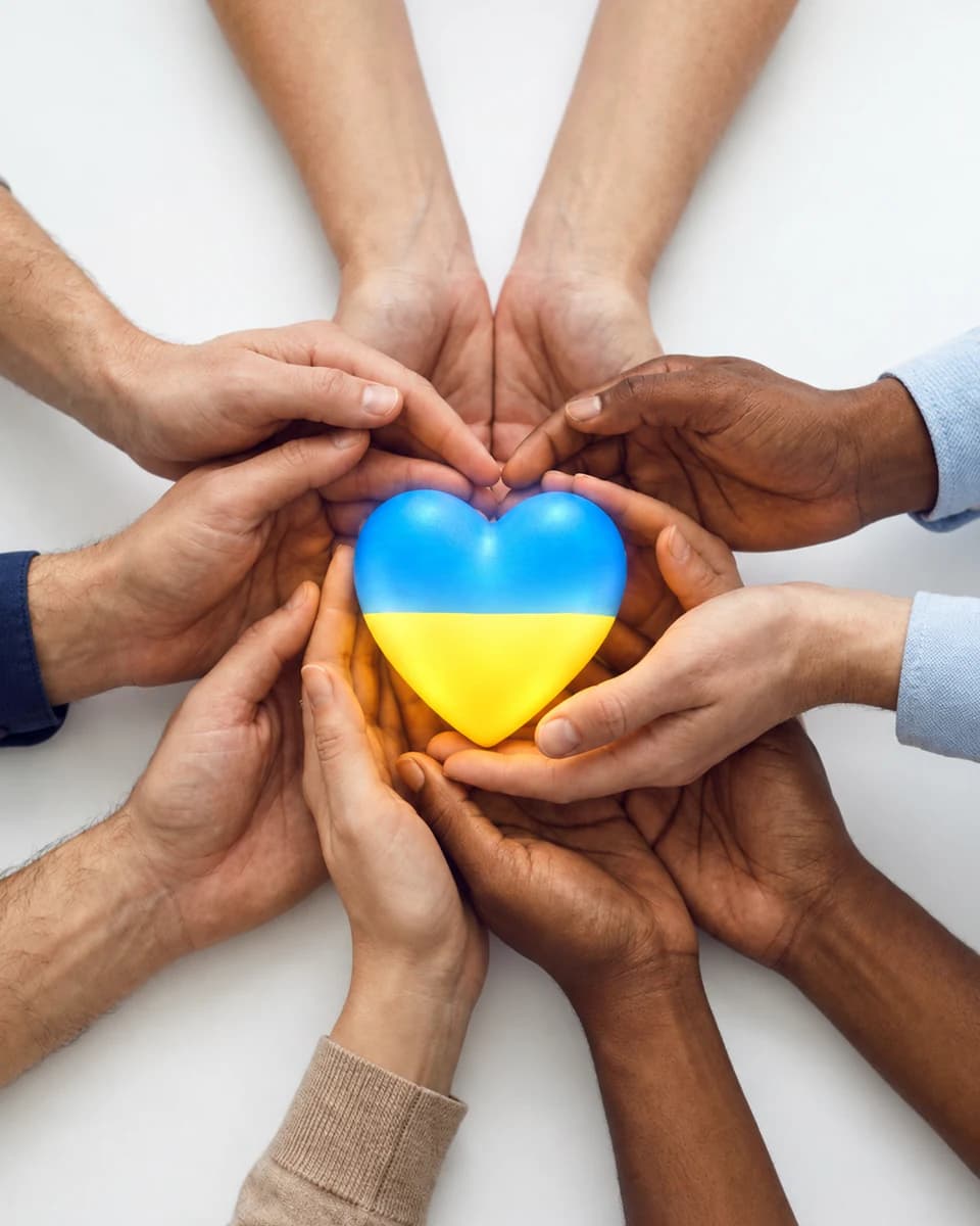Many hands gently protect a heart in the colors of Ukraine