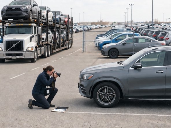 Vehicle inspection and condition documentation at a Canadian automotive logistics facility.